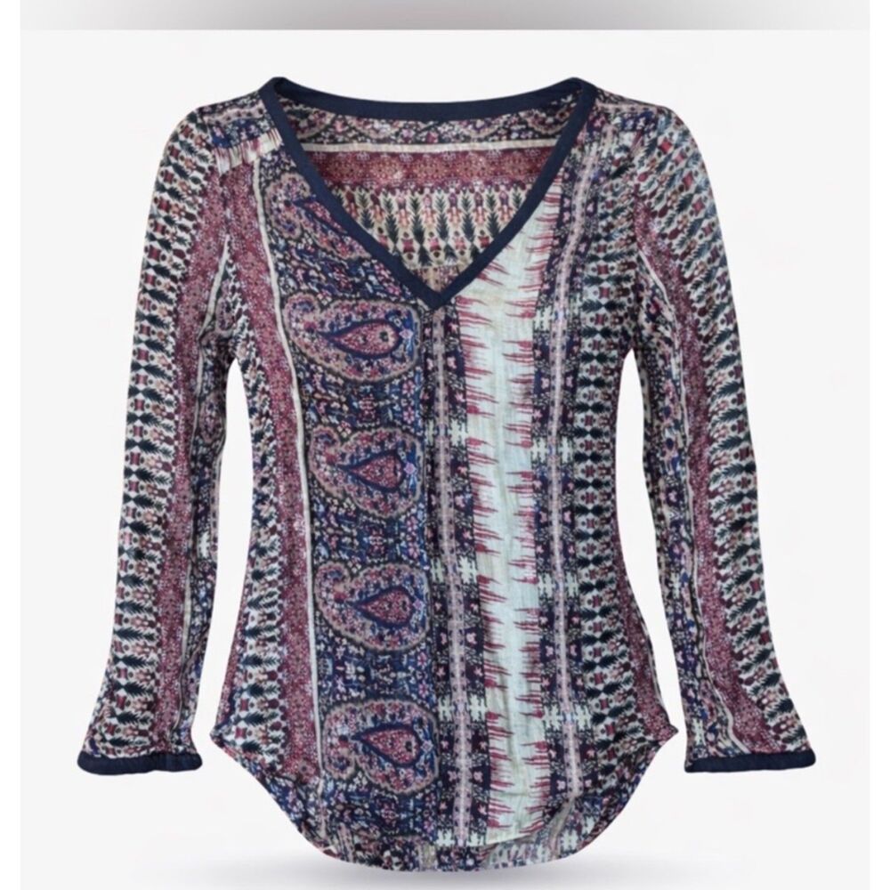 Lucky Brand concord Paisley sheer hi low long sleeve blouse | size small